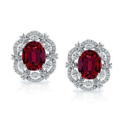 Auriya 5 3/4ct Fancy Oval-cut Red Ruby Halo Diamond Stud Earrings 1 3/4ctw 18k Gold