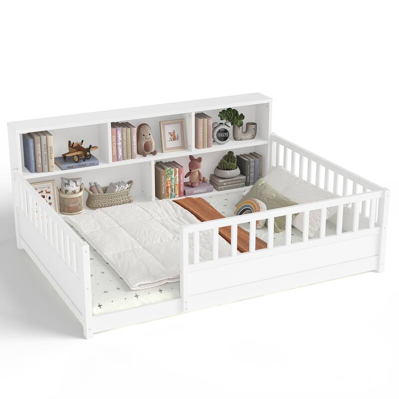 Wooden Floor Bed Frame with Fence Guardrail & Side Storage, Low Profile Kids Bed (Full/Twin)