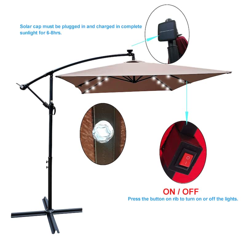 Rectangle 2x3M Patio Umbrella Solar Powered LED Lighted Sun Shade Market Waterproof 6 Ribs Umbrella with Crank and Cross Base