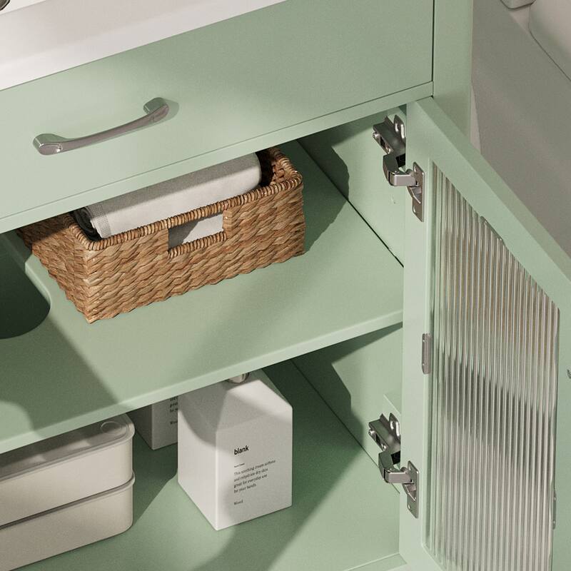 Roomfitters 31" Bathroom Vanity with Tempered Glass, Modern Cabinet with Rubber Wood Legs and Soft-Close Doors
