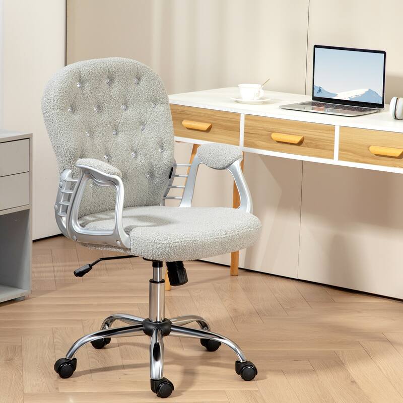 Simple Button Tufted Fabric Desk Chair Vanity Chair with Padded Armrests, Swivel Chair Office Chair with Wheels