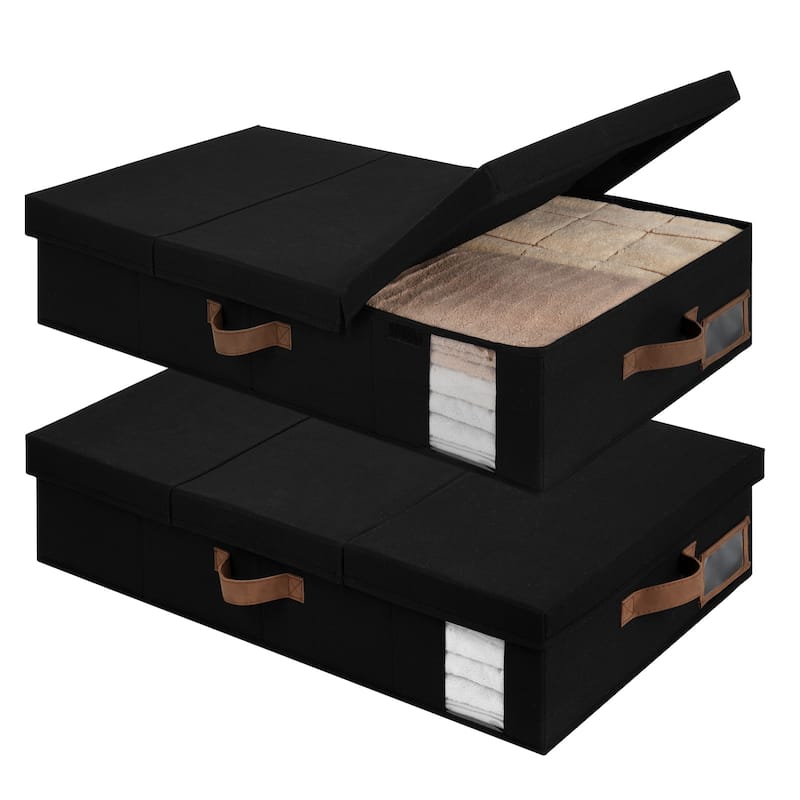 2-Pack Underbed Storage Container with Lid & Handle, Foldable Underbed Organizer for Bedroom - 33"x17"x6" - Black