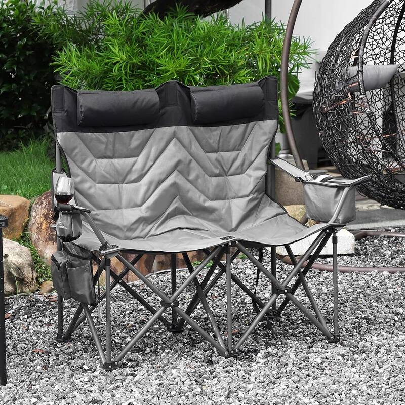 Portable Outdoor Double Folding Camping Chair Loveseat for Camping, Sports, Picnic - N/A - Grey