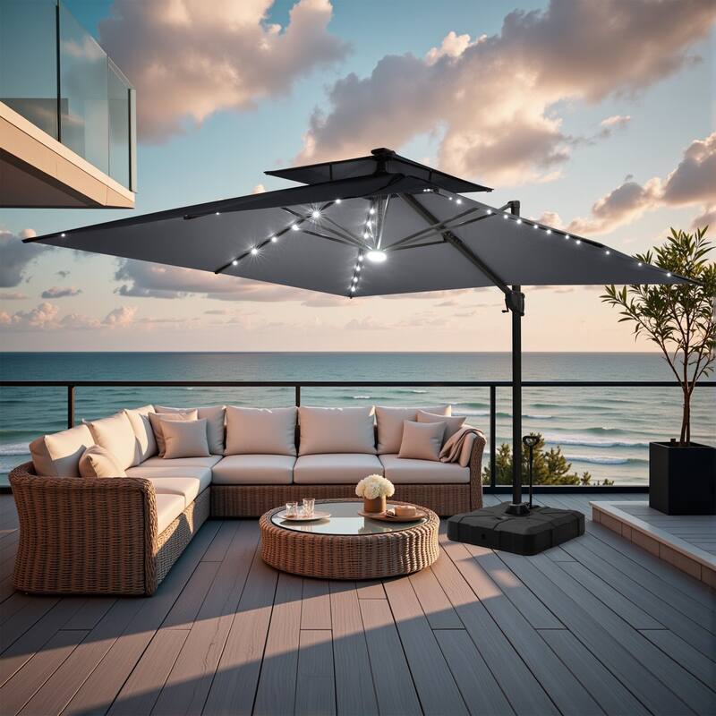 11 FT Outdoor LED Double Top Patio Cantilever Umbrella with Base Stand