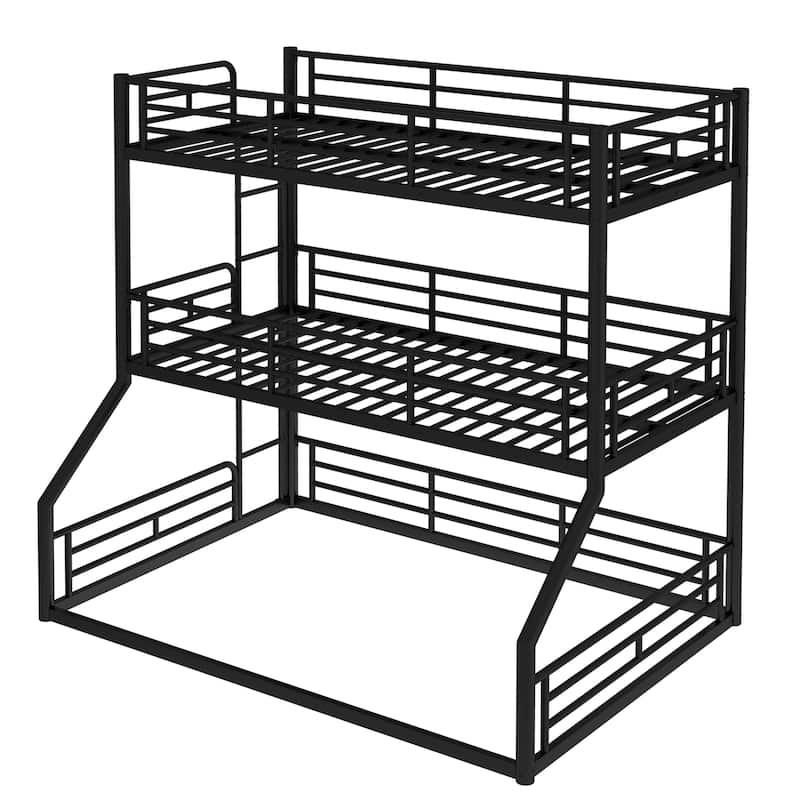 Twin over Twin over Full Bunk Bed, Metal Triple Bunk Bed with Safety Guardrails, Heavy-duty Bunk Bed with Noise-reduced Design