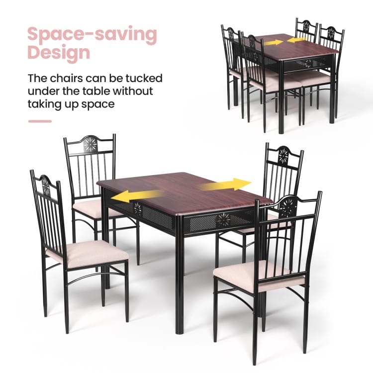 5 pcs Dining Set Wood Metal Table and 4 Chairs with Cushions