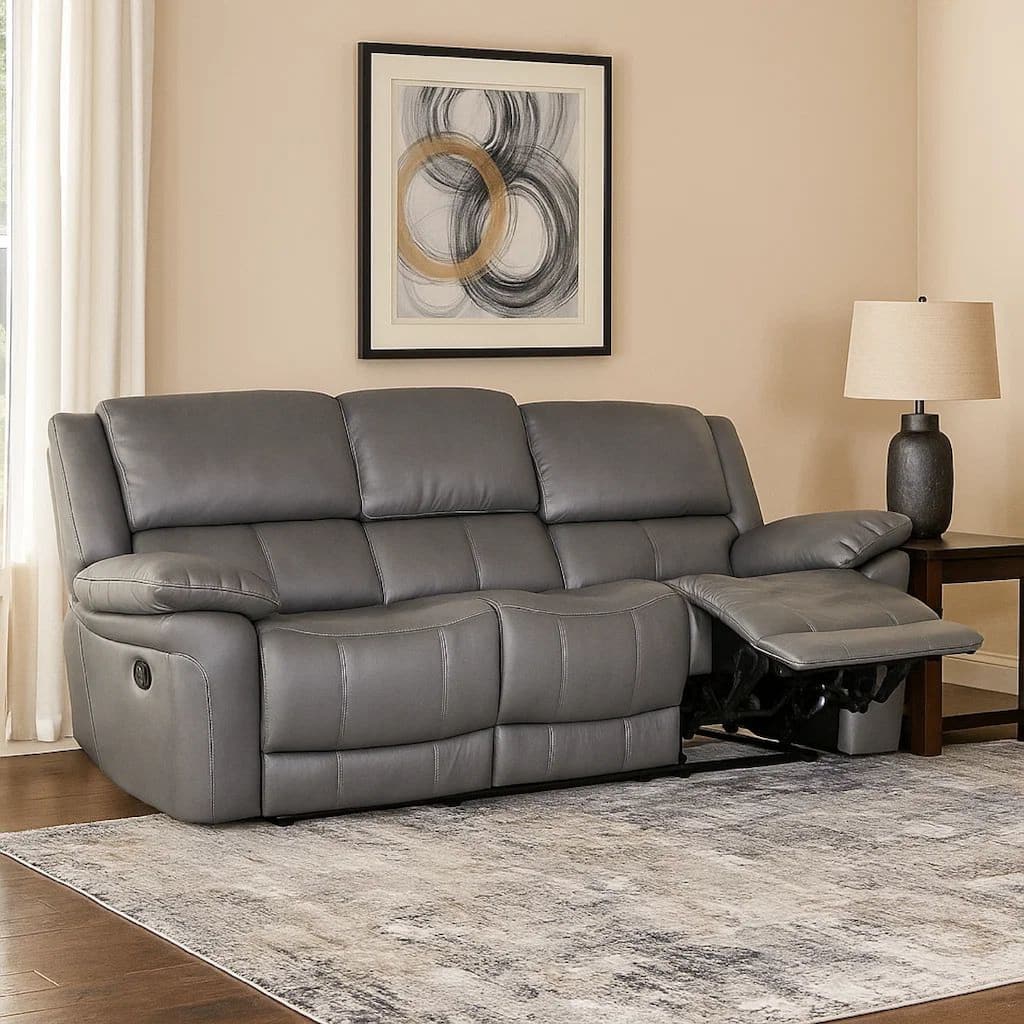 Larus Sofa, Manual Reclining Mechanism, Dark Gray Faux Leather, 82 Inch