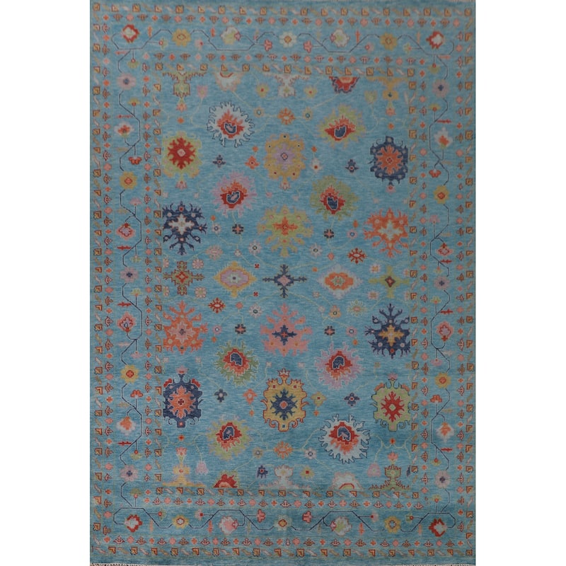 All-Over Blue Oushak Oriental Area Rug Hand-Knotted Wool Carpet - 9'0" x 11'11"