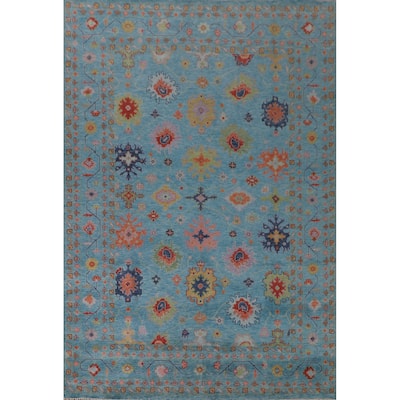 All-Over Blue Oushak Oriental Area Rug Hand-Knotted Wool Carpet - 9'0" x 11'11"