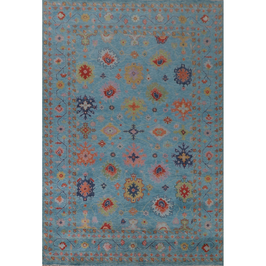All-Over Blue Oushak Oriental Area Rug Hand-Knotted Wool Carpet - 9'0" x 11'11"