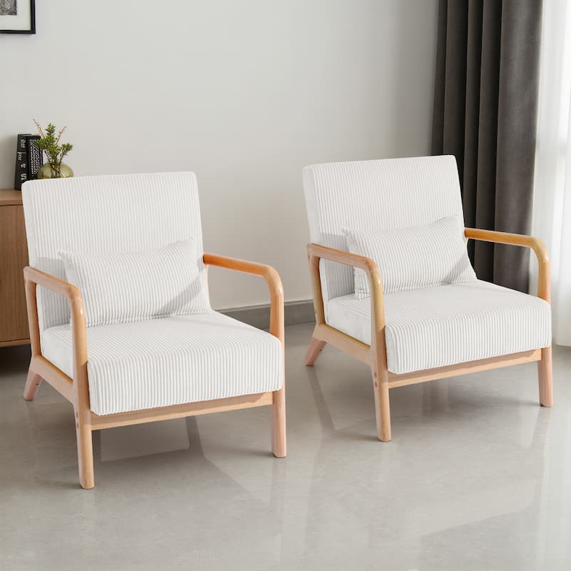 Set of 2 Mid-Century Upholstered Accent Chair with Cushion - Corduroy - Beige/Natural frame