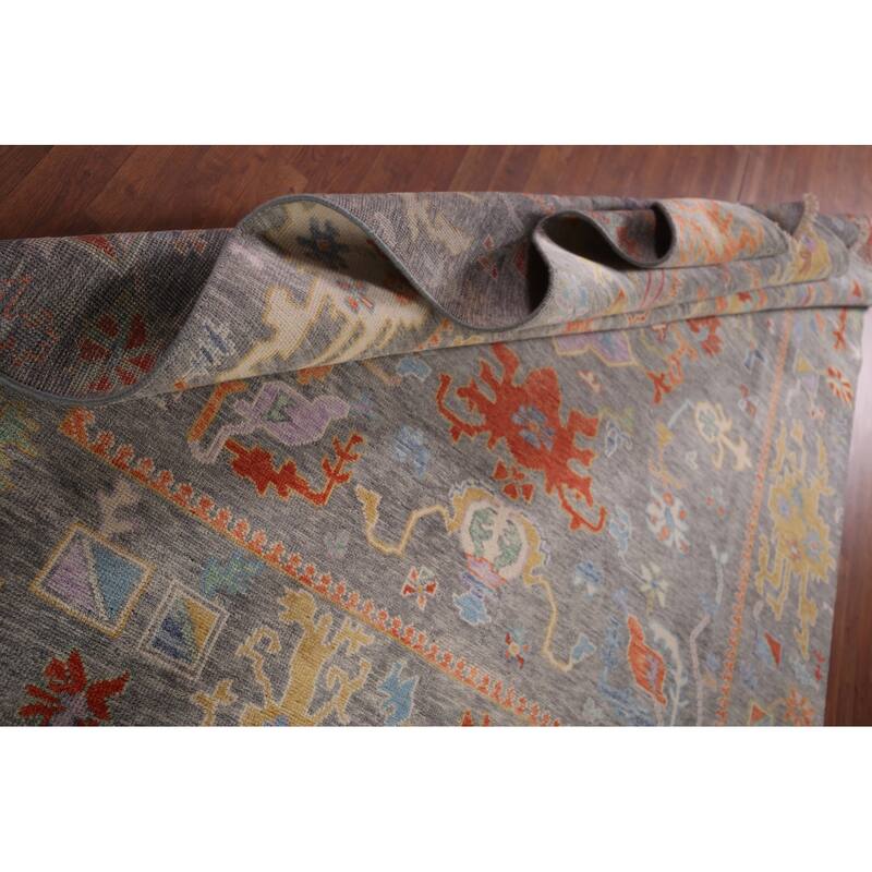 All-Over Gray Floral Oushak Indian Area Rug Hand-Knotted Wool Carpet - 7'10"x 9'8"