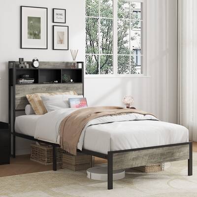Classic Single Bed Frame, Heavy Duty Metal Platform Bed with Wooden Headboard, Storage Headboard with Charging Station