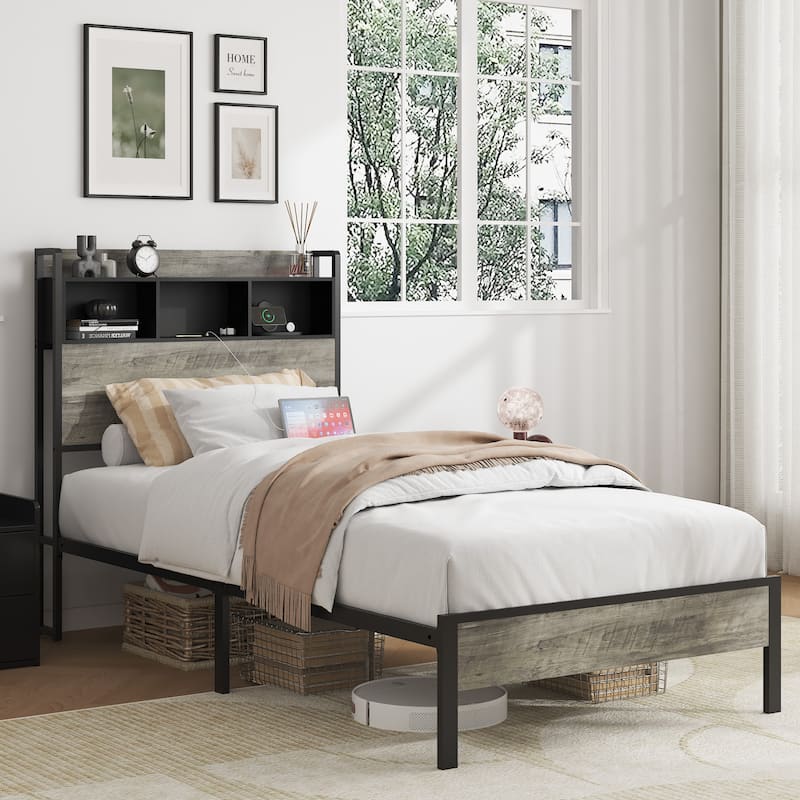 Industrial Style Metal Platform Bed with USB Ports（Twin/Full）