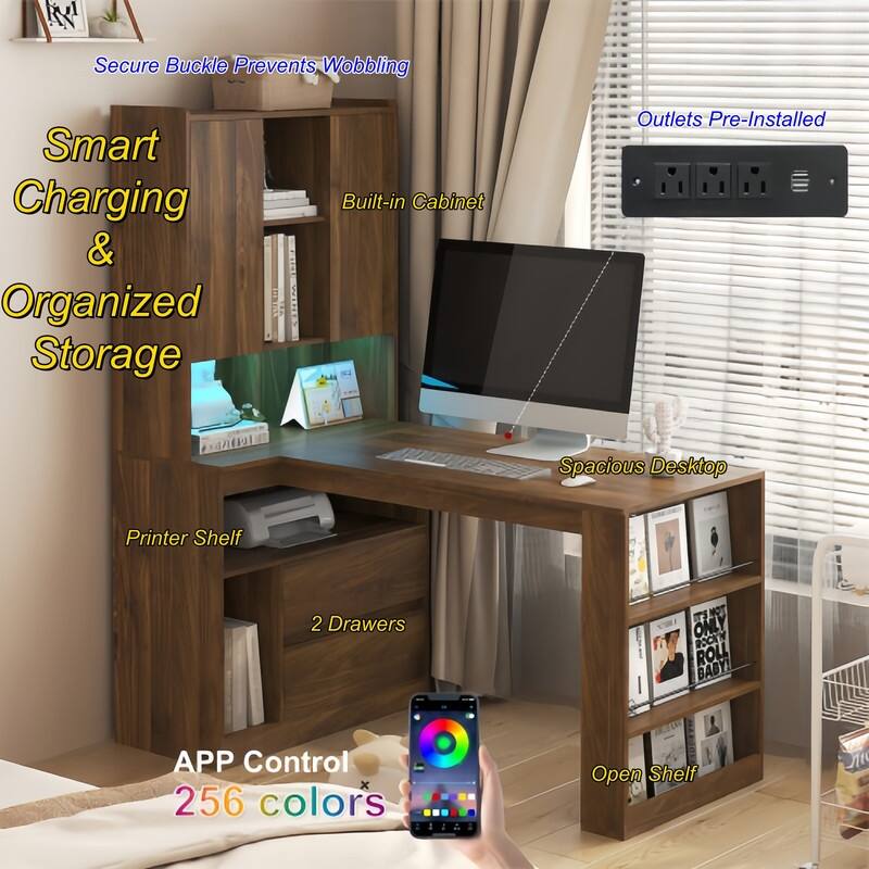 L-Shaped Computer Desk with LED Light & Bookshelf, Modern Corner Gaming Desk with Drawers and Storage