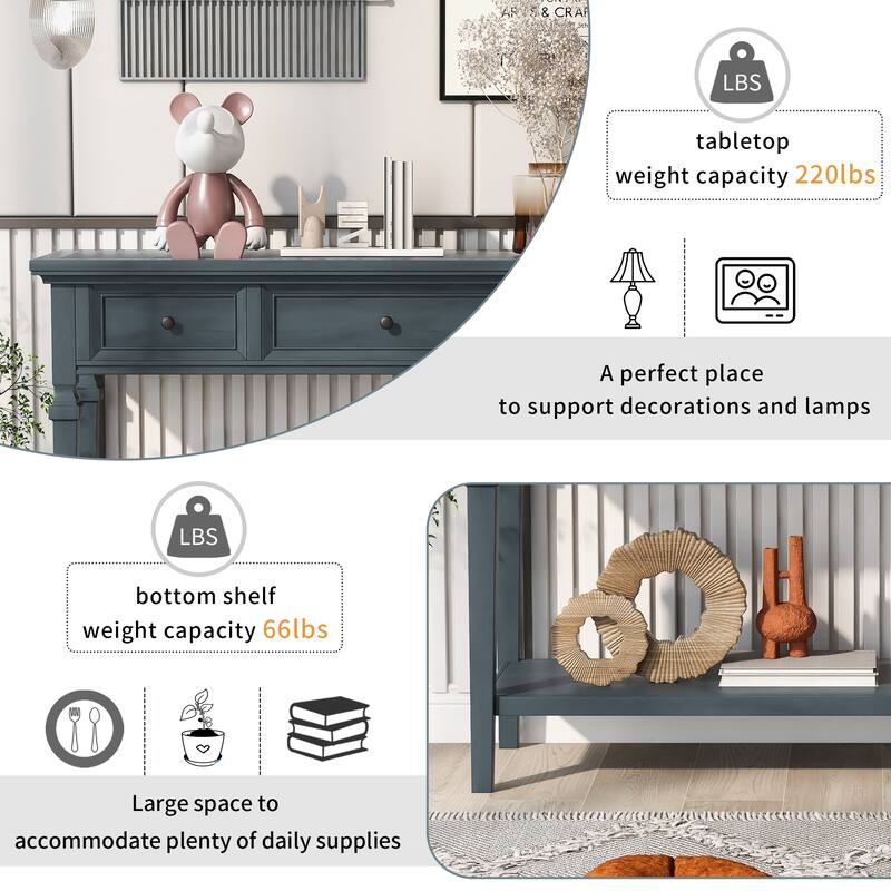 Solid Wood Living Room Console Table, Classic Retro Storage Entryway Sofa Table with 3 Top Drawers and Open Bottom Shelf