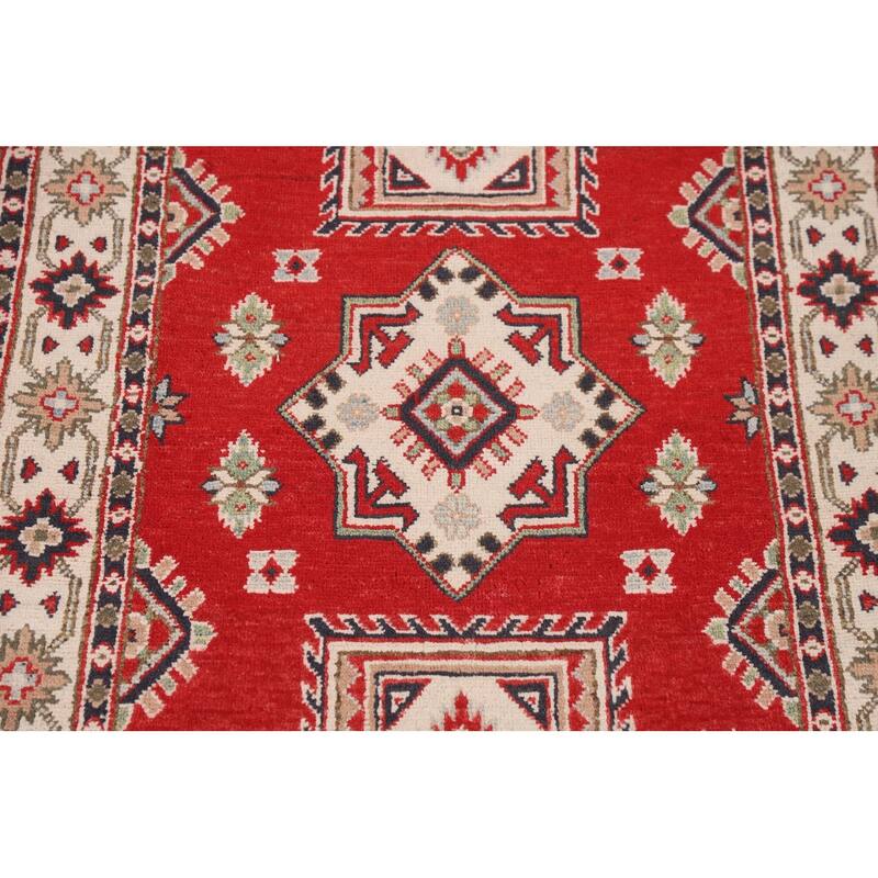 Red Geometric Kazak Oriental Foyer Rug Handmade Accent Wool Carpet - 3'3" x 5'9"