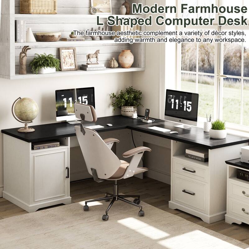 French Country L Shaped Desk with Charging Station, Office Computer Table with File Cabinet