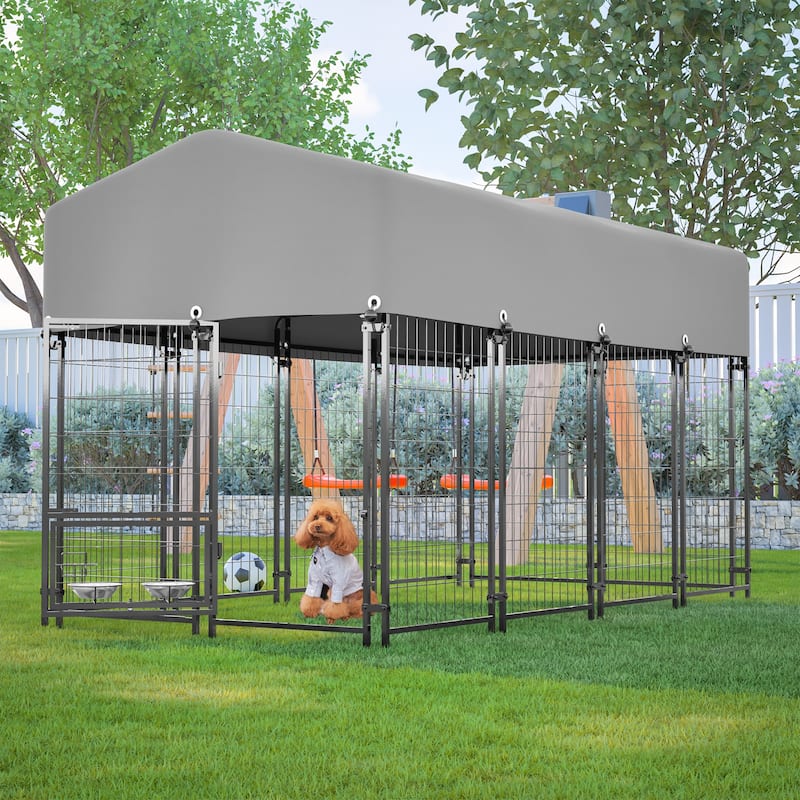 GDFStudio - Large Outdoor Heavy Duty Metal Dog Kennel with Roof, UV-Resistant Waterproof Cover, Double Lock & Rotating Feeder