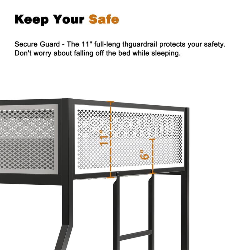 Twin Full Bunk Bed Metal w/Mesh Guard Rail for Kids&Adult,Low Profile
