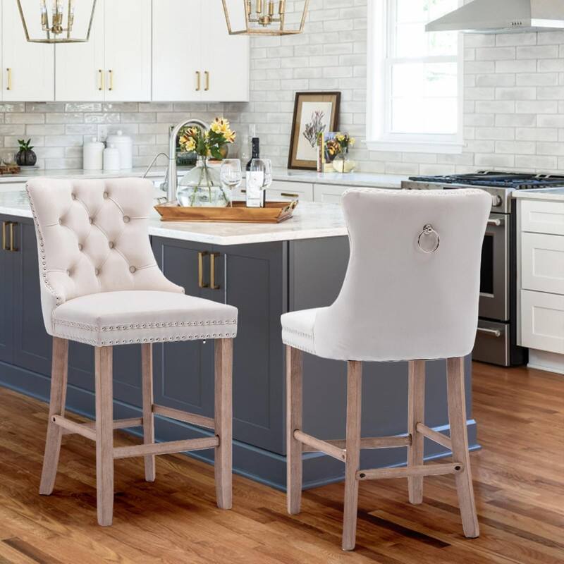 Wing Back Velvet Tufted Nailhead Barstools(Set of 2)