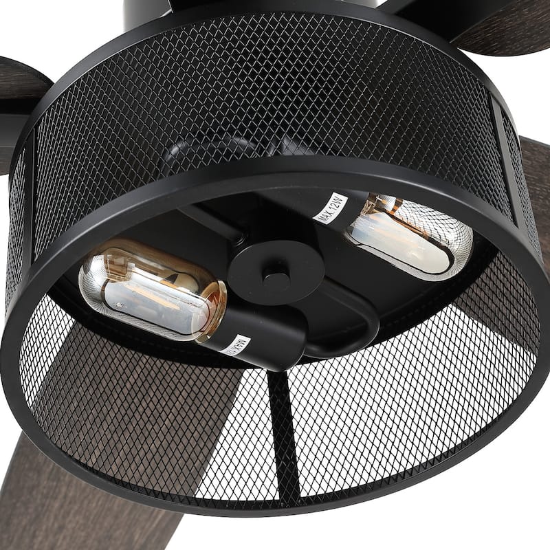 48“ and 56" Farmhouse Caged Light Ceiling Fan with Wood Blades Remote Control for Living Room Bedroom Patio 2*E26 Bulbs