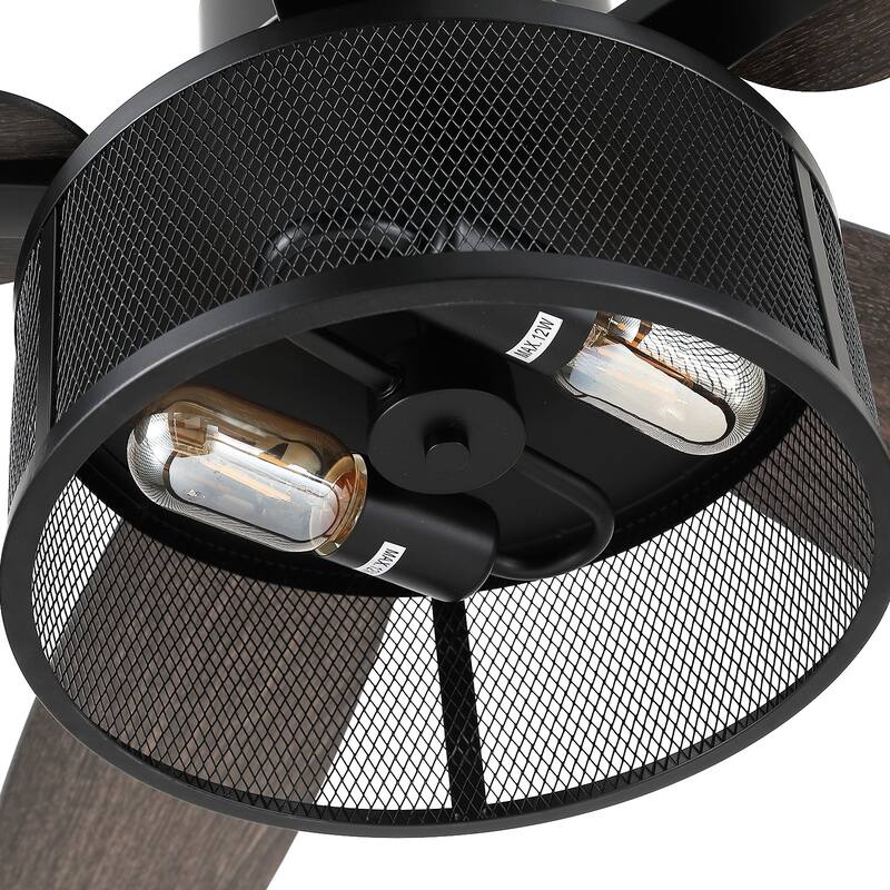 56 Inch Ceiling Fan with Caged Light and Plywood Blades for Farmhouse Living Room Bedroom