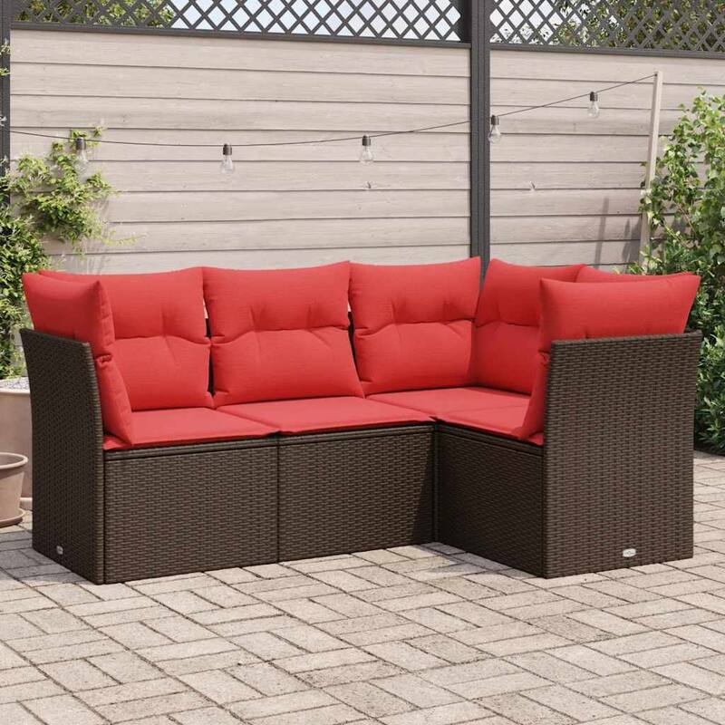 vidaXL 4/5 Piece Patio Sofa Set with Cushions Brown/Gray Poly Rattan - 24.4 x 24.4 x 27.2 - Brown and red Without table