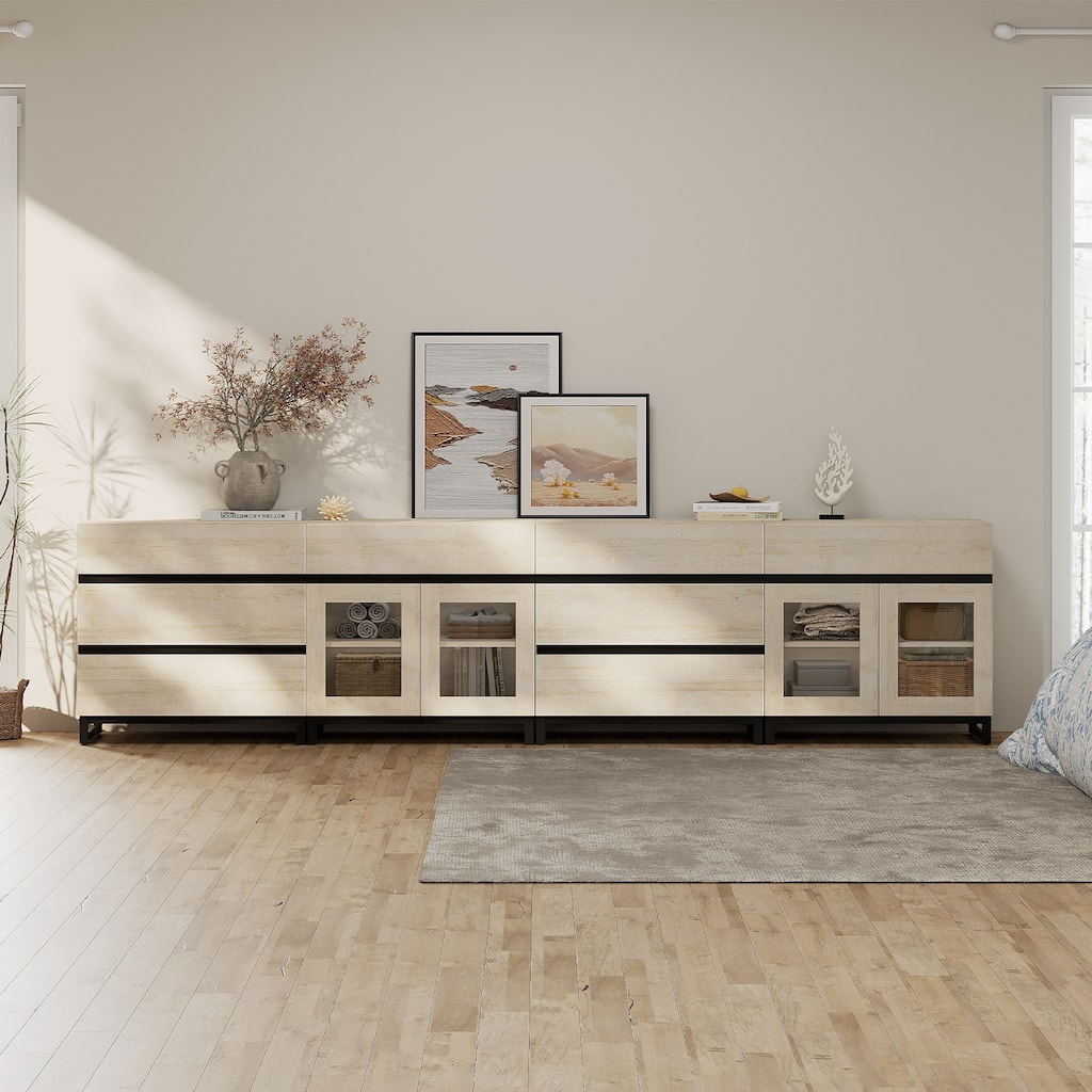 Dresser with Glass Doors, 4 in 1 Modern Chest of Drawers with Adjustable Shelves and 8 Drawers, Closet Organizers