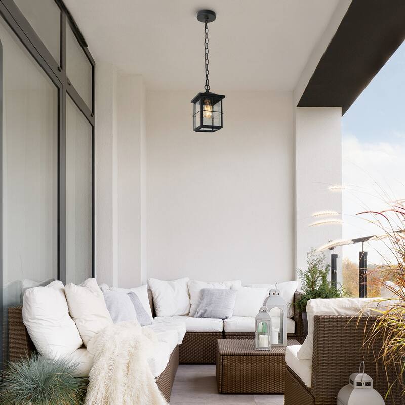 Bern Modern Farmhouse 1-Light Black Outdoor Pendant Light Patio Lantern - L 6" x W 6" x H 11.5"