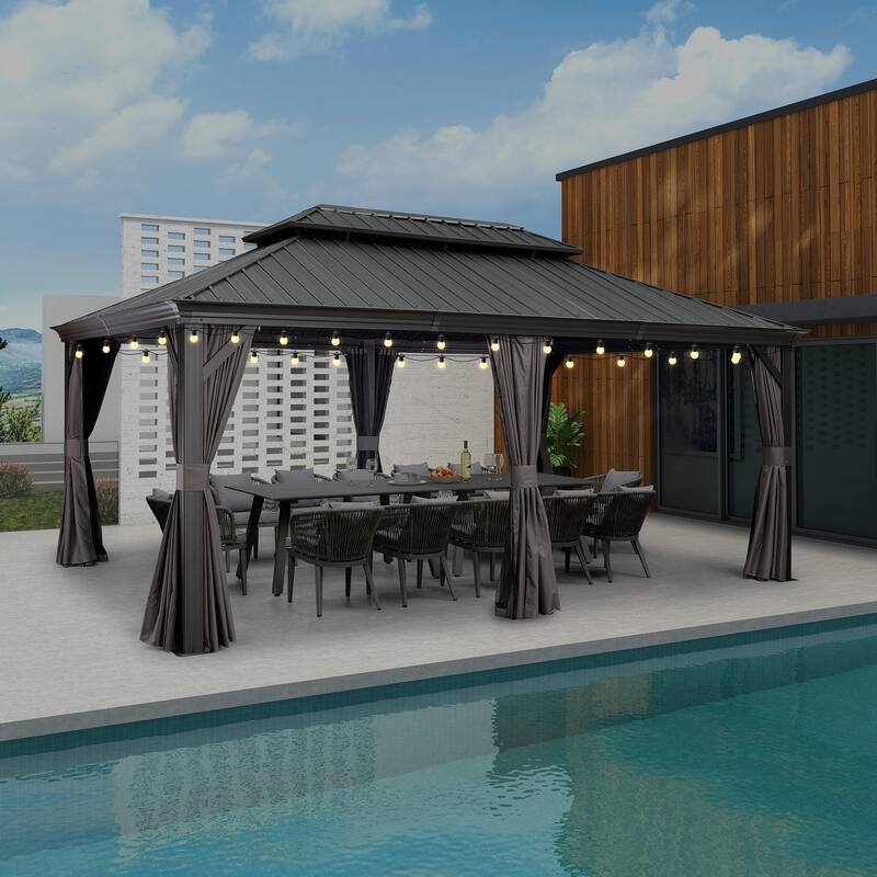 PURPLE LEAF Outdoor Galvanized Steel Hardtop Gazebo, Aluminum Frame Gazebo With Curtains - 12ft x 18ft - Grey