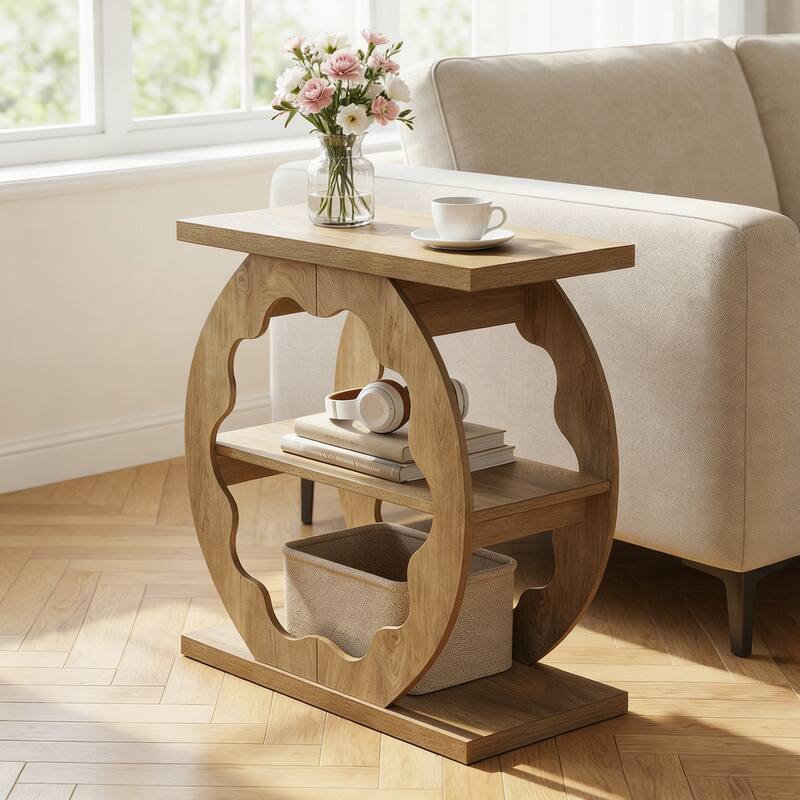 3 Tier End Side Table for Living Room, Bedroom, Elegant Curved Structure - Natural Wood（1pc）