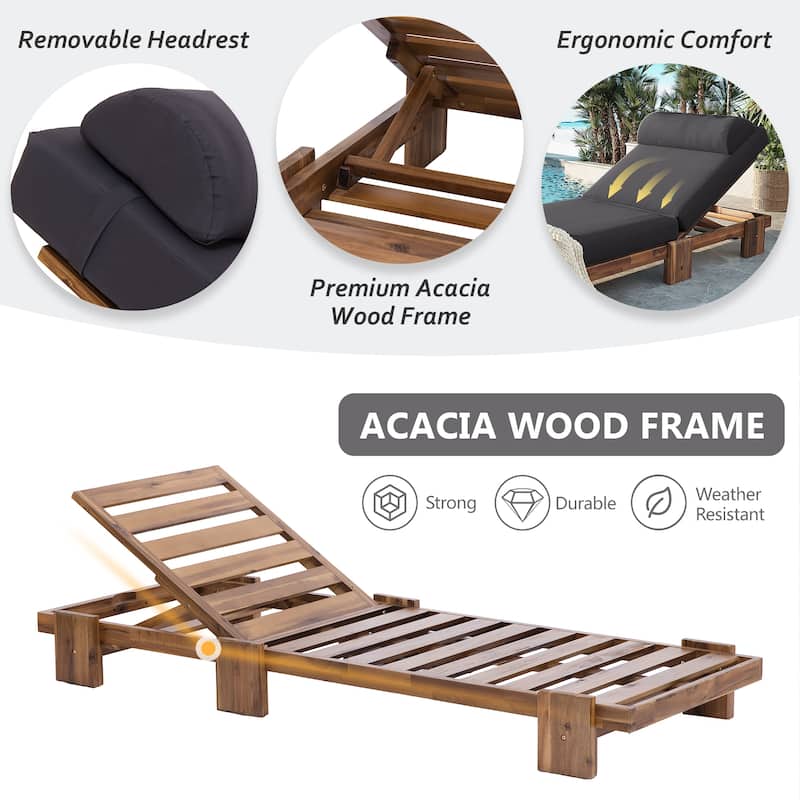 78.8"Patio Chaise Lounge Chair, Acacia Wood Adjustable Recliner with Headrest and Retractable Side Tray
