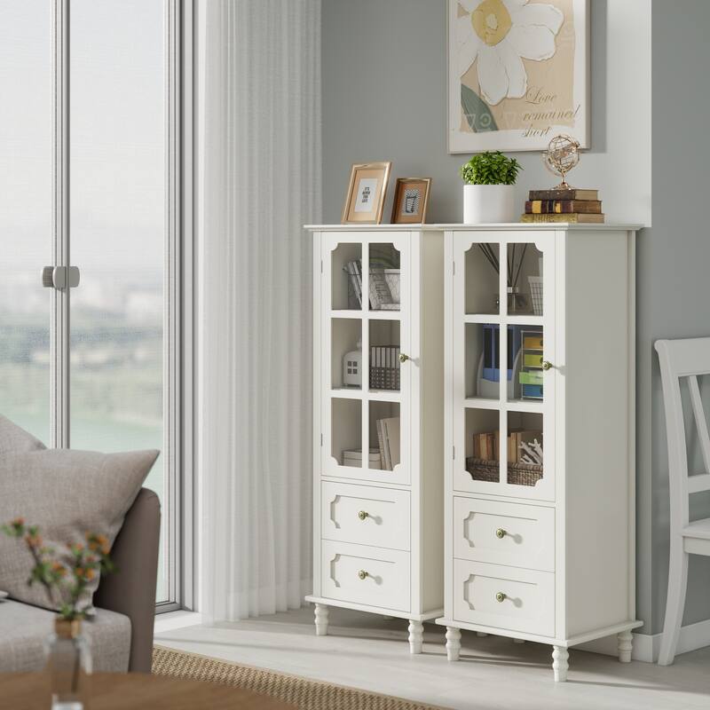 Buffet Cabinet with Glass Doors & 2 Drawers, Multi-Functional Wooden Storage Cabinet, Accent Cabinet with Solid Wood Legs