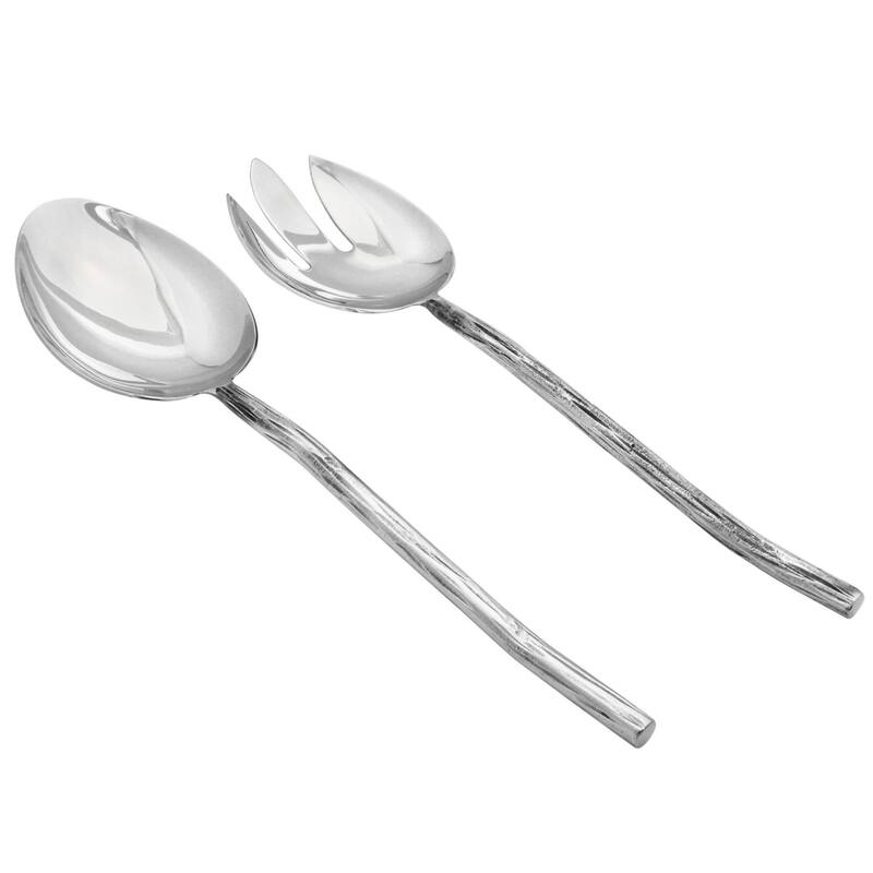 Elyon Twig Reflective Silver Salad Serving Set Indian Artisan-Made Hostess Set Hand-Forged Stainless Steel 2 Pieces