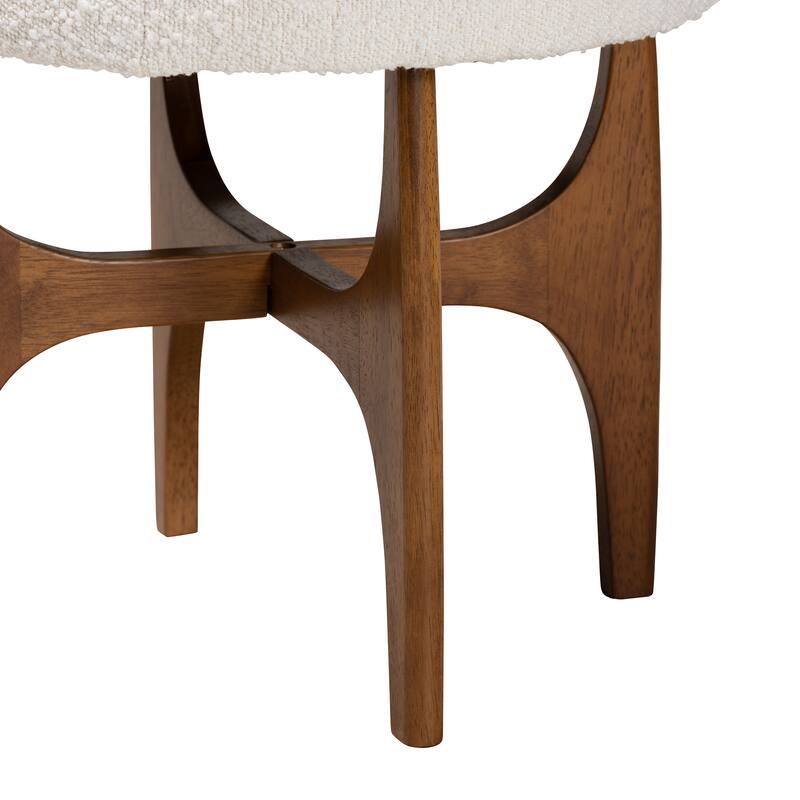 Theo Japandi Cream Boucle Fabric and Walnut Brown Finished Rubberwood Ottoman Footstool