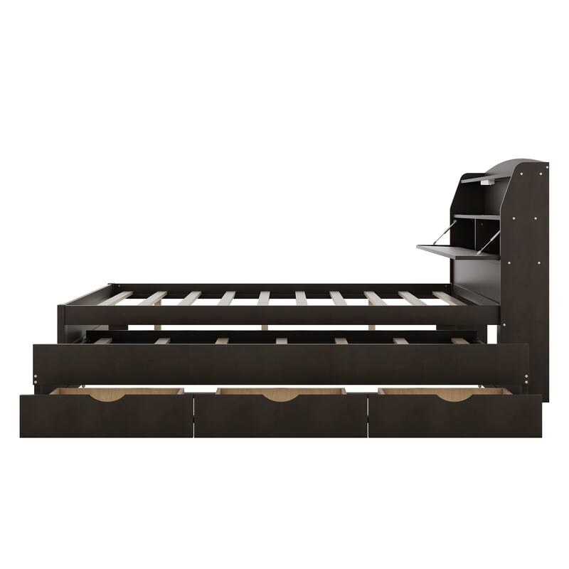 Wood Captain Bed Platform Bed with Trundle and 3 Drawers, Single Bed Frame with Storage Headboard and Integrated LED Light