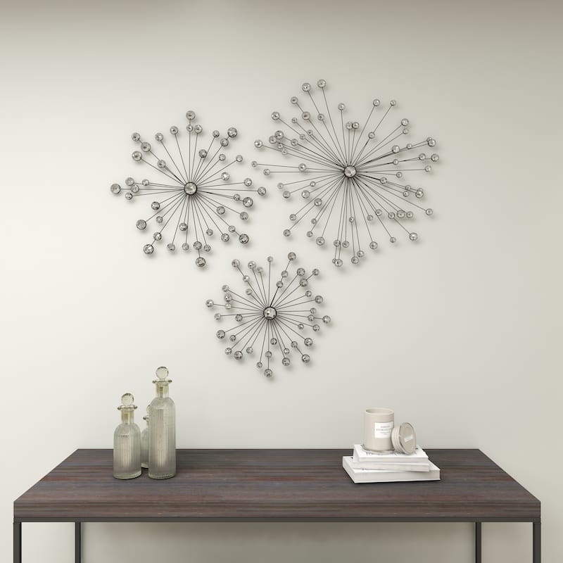 Black Metal Sunburst Home Wall Decor with Crystal Embellishment (Set of 3)
