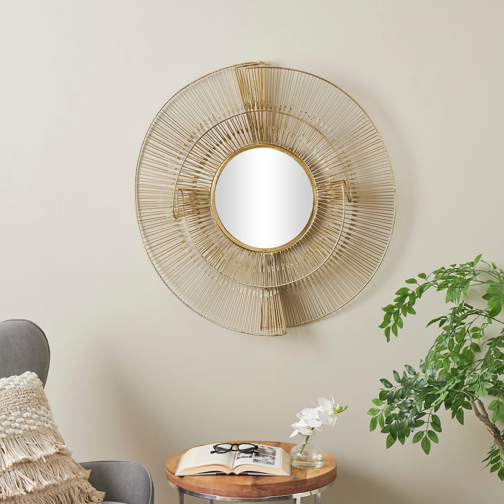Gold Metal Layered Starburst Room Wall Mirror with Wire Starburst Rays - Iron