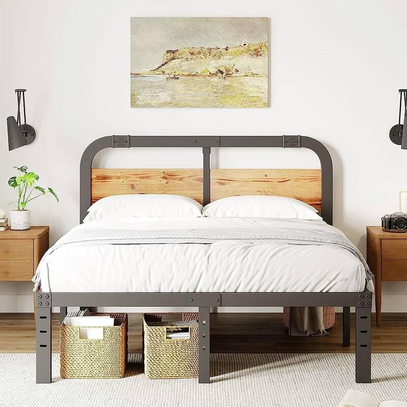 Black Metal Platform Bed Frame with Rustic Wood Headboard and Strong Steel Slats Under Bed Storage
