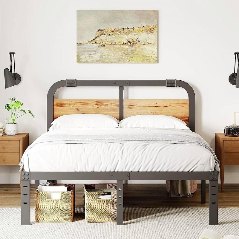 Black Metal Platform Bed Frame with Rustic Wood Headboard and Strong Steel Slats Under Bed Storage - King