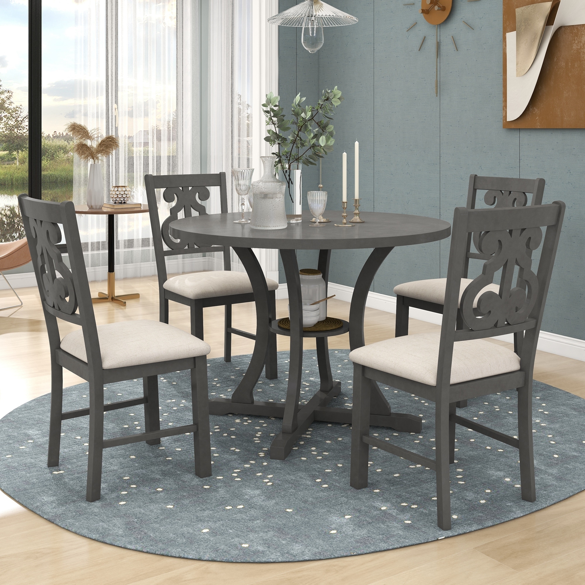 5-Piece Round Dining Table and 4 Fabric Chairs with-image