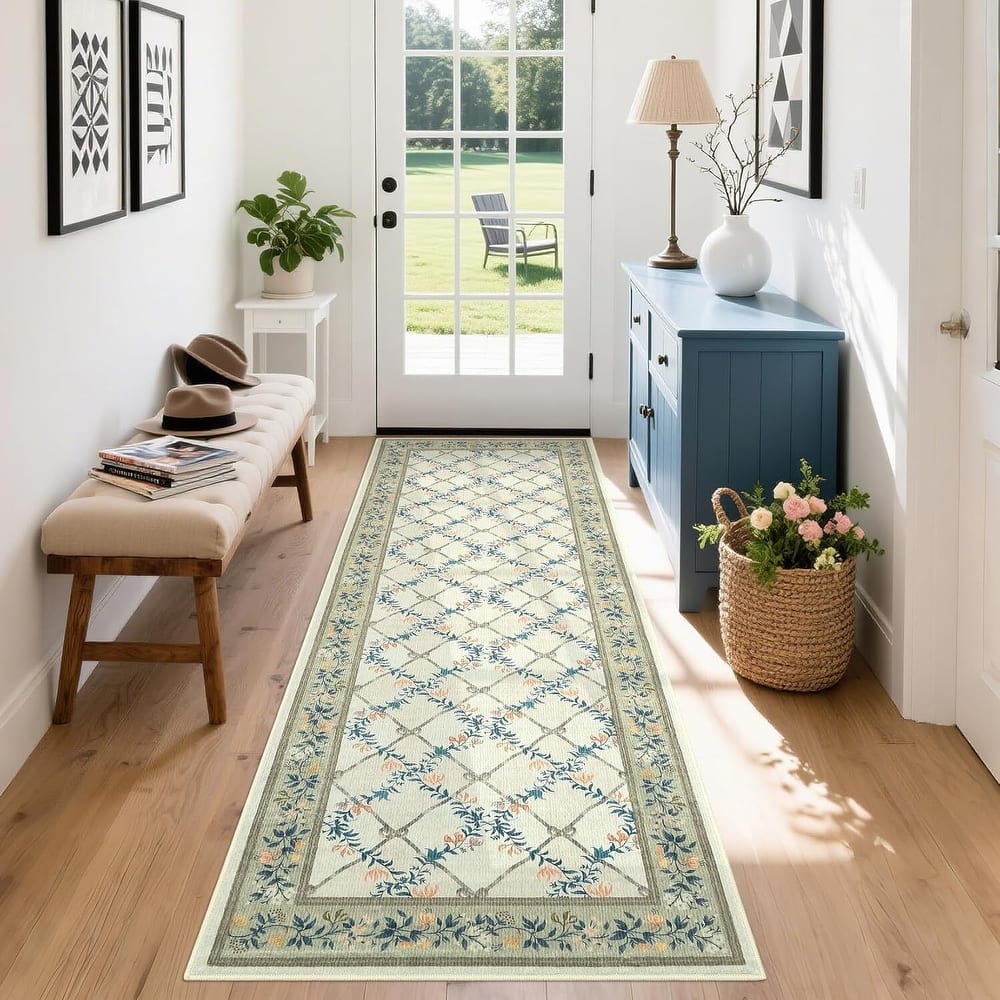 Floral Neutral Washable Hallway Low Pile Area Rug for Bedroom, Living Room, Sage Green - 2' x 3'