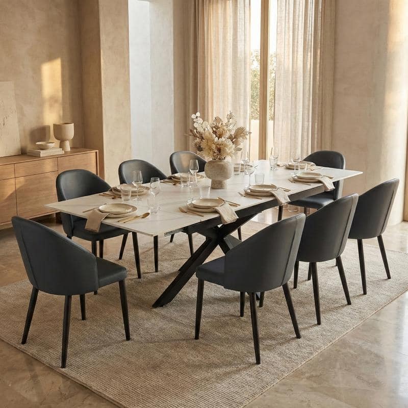 Luvic Extendable Sintered Stone Dining Table - Modern Rectangular Table with Steel Cross-Base