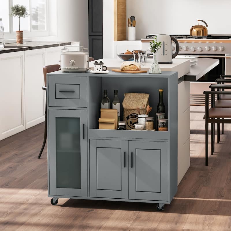 Gymax Kitchen Island Cart on Wheels Microwave Cabinet w/ Frosted