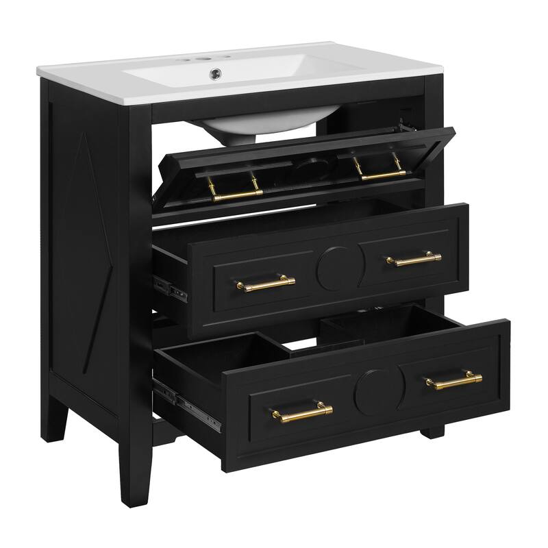Free Standing Retro Carved Pattern Bathroom Vanity with Ceramic Sink, Tip-out Drawer, 2 Pull-out Drawers and Gold Handles