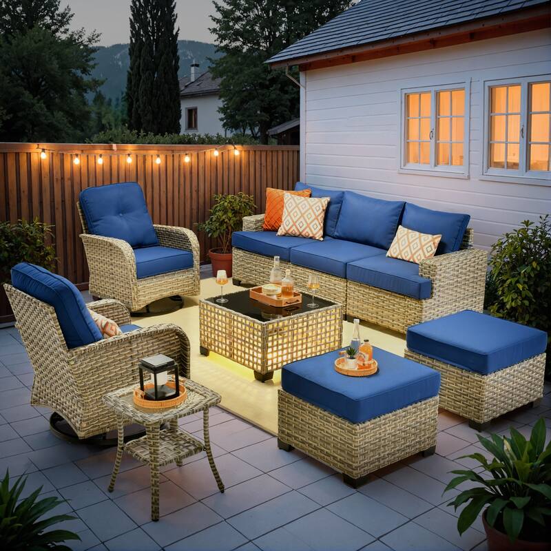 OVIOS 9 Pieces Wide Arm T shaped Seat Curved Swivel Chair Set With Solar-Powered Table - NavyBlue