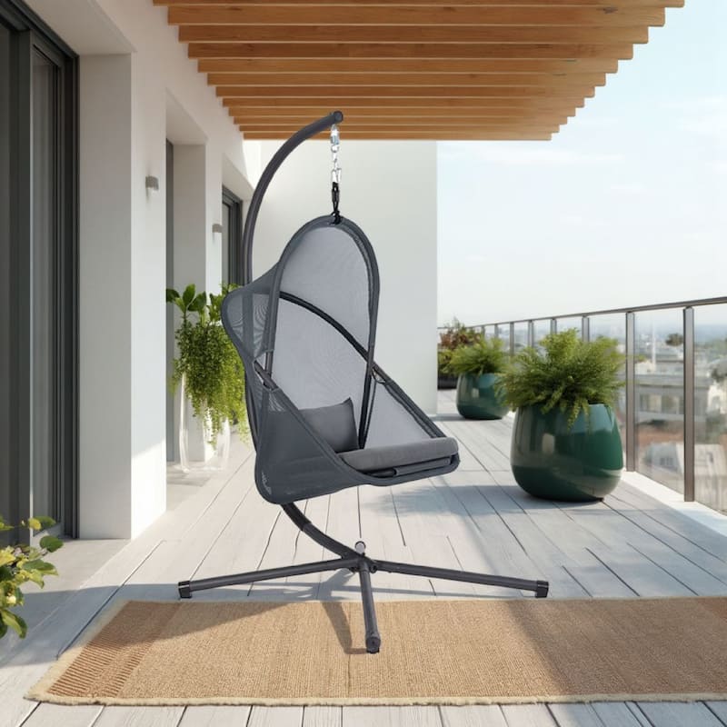 Cery Outdoor Egg Swing Chair, Foldable Stand, Dark Gray Cushion