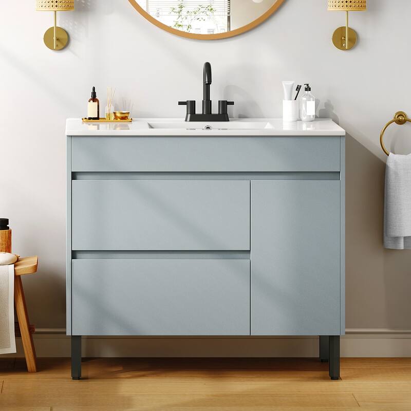 Moasis 36 Inch Freestanding Bathroom Vanity with Ceramic Sink 1 Cabinet and 2 Drawers - Grey