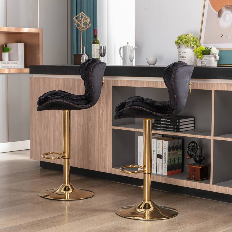 2 Velvet Bar Stools with Chrome Footrest and Base Swivel Height Adjustable - N/A - Black